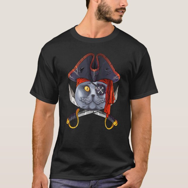 Pirate British Shorthair Jolly Roger Halloween Cos T-Shirt (Front)