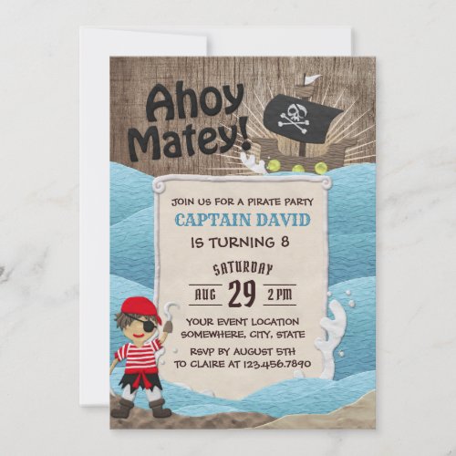 Pirate Captain Ahoy Boy 8th Birthday Party Invitation