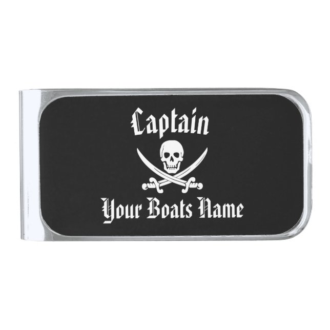 Pirate captain and boat name template silver finish money clip (Front)