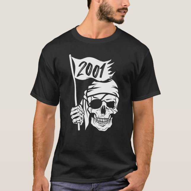 Pirate captain flag costume and Born in 2001 T-Shirt (Front)