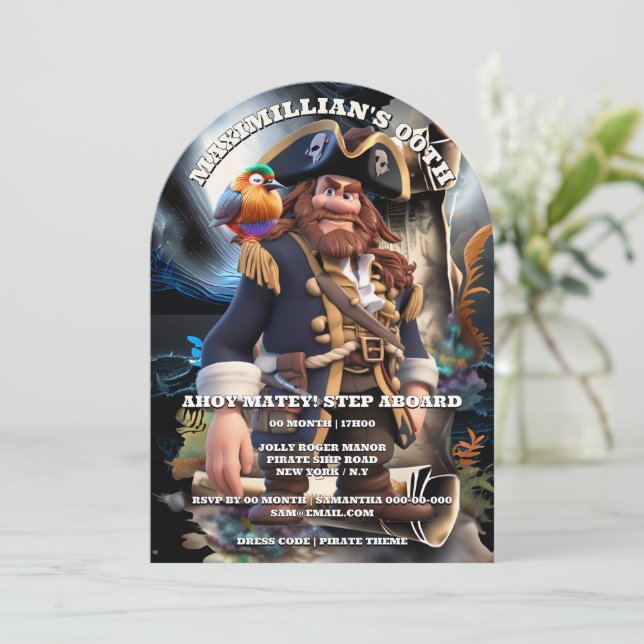 Pirate captain scroll island boys theme birthday  invitation (Standing Front)