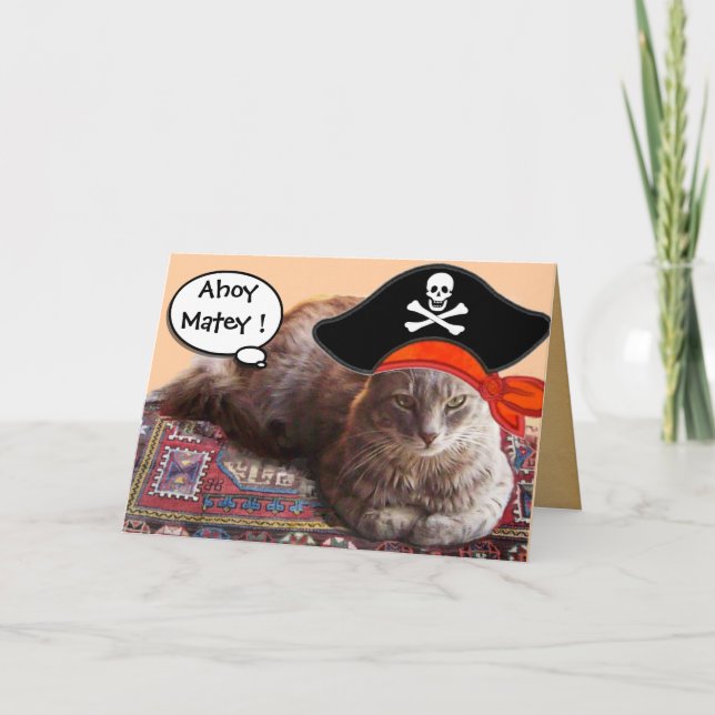 PIRATE CAT AND ANTIQUE PIRATES TREASURE MAPS CARD (Front)