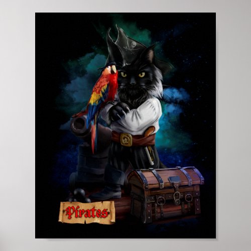 Pirate cat and parrot poster