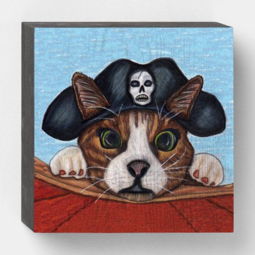 Pirate Cat Big Wide Green Eyes Red Boat Blue Sky Wooden Box Sign