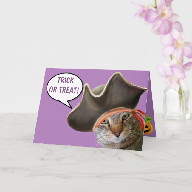 Pirate Cat Happy Halloween Card (Orchid)