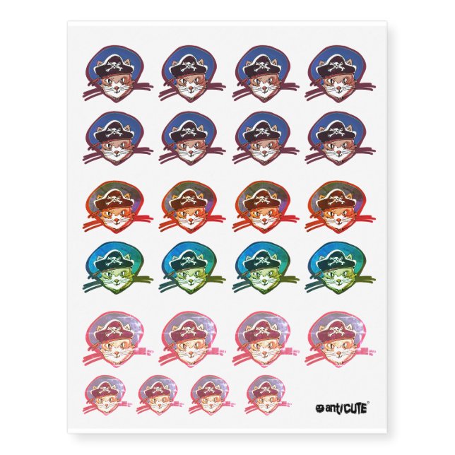 pirate cat head funny cartoon temporary tattoos (Front)