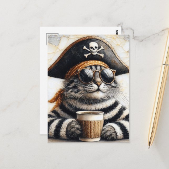 Pirate cat in fuzzy sweater with a coffee postcard (Front/Back In Situ)