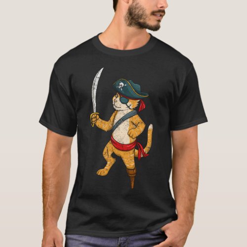 Pirate Cat Kitten With Sword Halloween T_Shirt