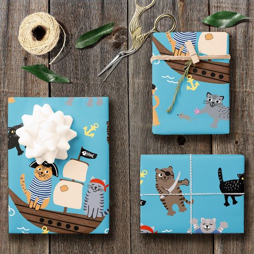 Pirate Cat Pattern for Boy and Girl Kids Birthday Wrapping Paper Sheets
