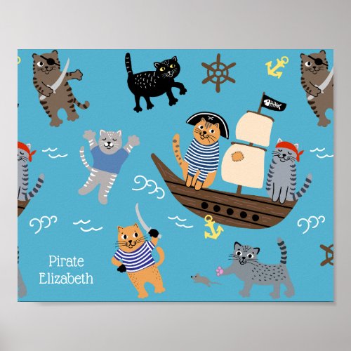 Pirate Cat Pattern for Boy and Girl Kids Poster
