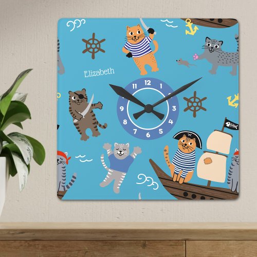 Pirate Cat Pattern for Boy and Girl Kids Square Wall Clock