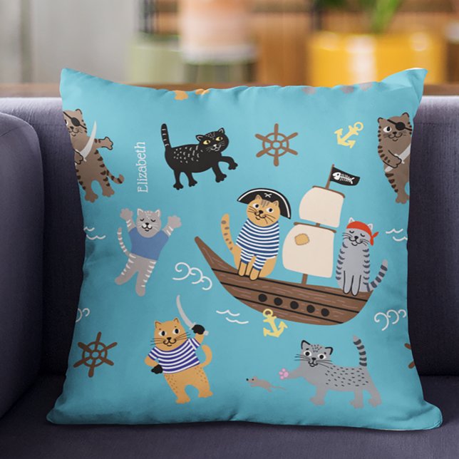 Pirate Cat Pattern for Boy and Girl Kids Throw Pillow (Creator Uploaded)