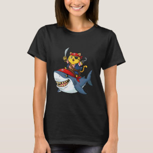 Pirate Cat Riding Pirate Shark Halloween T-Shirt