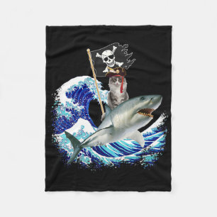 Pirate Cat Riding Shark Surfing Japanese Wave Cat  Fleece Blanket