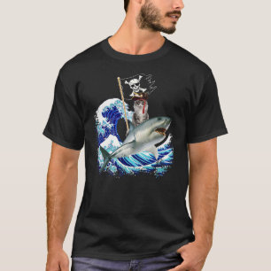 Pirate Cat Riding Shark Surfing Japanese Wave Cat T-Shirt