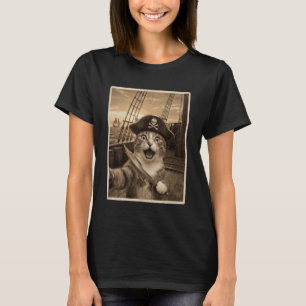 Pirate Cat Ship Captain Skull Hat Cutlass Vintage  T-Shirt