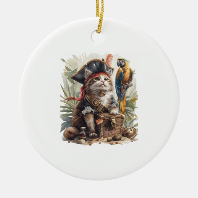 Pirate Cat Treasure Ceramic Ornament (Front)