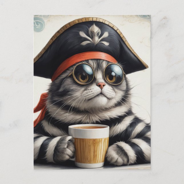 Pirate cat with a coffee postcard (Front)