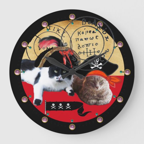PIRATE CATS AND ANTIQUE PIRATE TREASURE MAPS LARGE CLOCK
