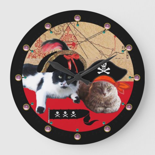 PIRATE CATS AND ANTIQUE PIRATE TREASURE MAPS LARGE CLOCK