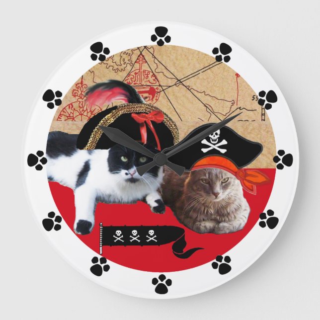 PIRATE CATS AND ANTIQUE PIRATE TREASURE MAPS LARGE CLOCK (Front)