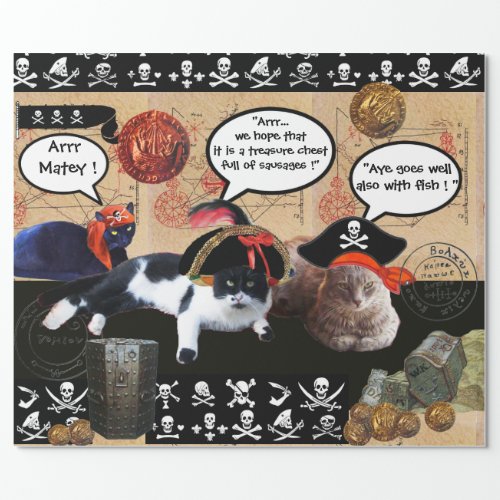 PIRATE CATS AND ANTIQUE PIRATES TREASURE MAPS WRAPPING PAPER