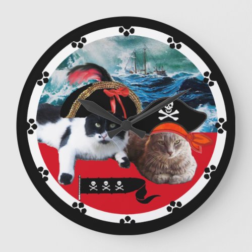 PIRATE CATS AND SHIP IN THE SEA STORM Black Paws Large Clock