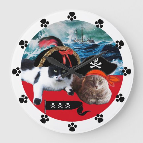 PIRATE CATS AND SHIP IN THE SEA STORM LARGE CLOCK