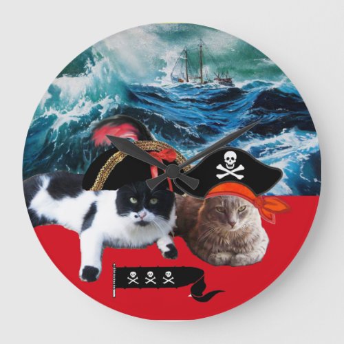 PIRATE CATS AND SHIP IN THE SEA STORM Nautical Large Clock