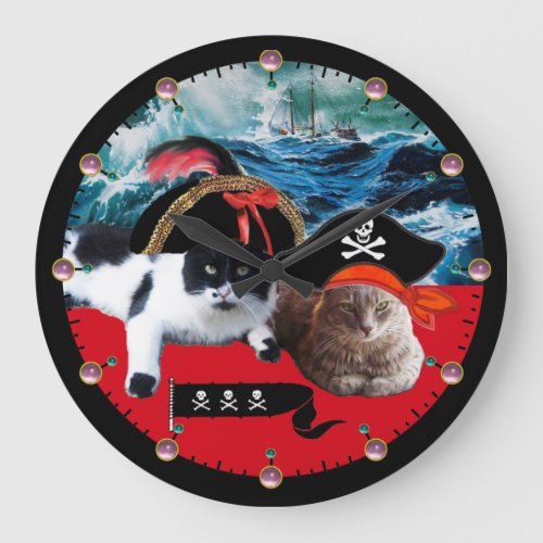 PIRATE CATS AND SHIP IN THE SEA STORM Pink Gems Large Clock