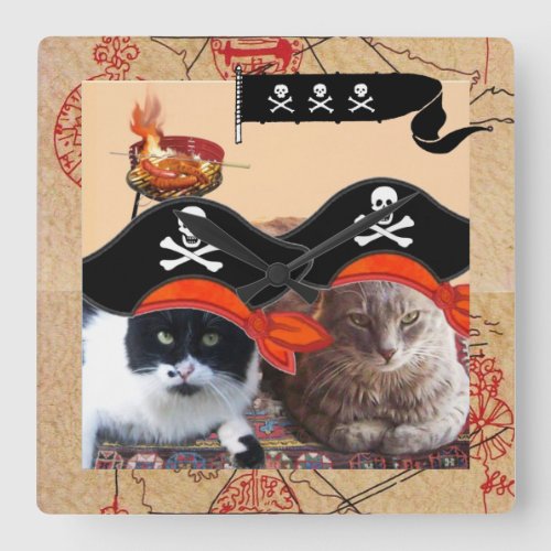 PIRATE CATS ANTIQUE PIRATES TREASURE MAPS AND FLAG SQUARE WALL CLOCK