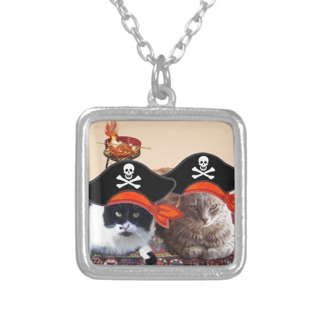 PIRATE CATS ,Talk like a Pirate Day Silver Plated Necklace (Front)