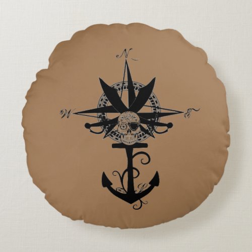 Pirate Compass Rose and Anchor Round Pillow