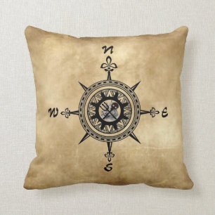 Pirate Compass Rose with Ship Throw Pillow