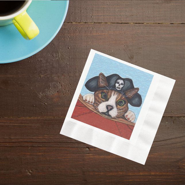 Pirate Cute Surprised Brown Striped Cat Napkins (Cute cat wearing black pirate hat on edgeof red boat blue sky on napkins.)