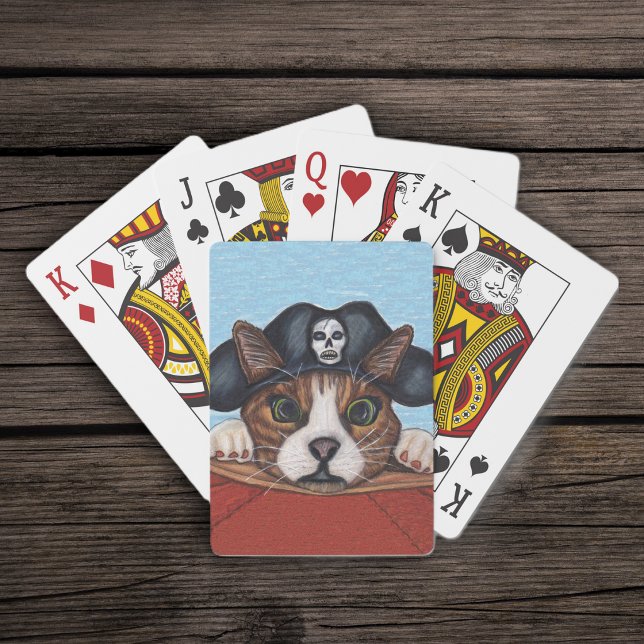 Pirate Cute Surprised Brown Striped Cat Poker Cards (Cute brown cat wearing black pirate hat with skull hanging on red boat on deck of playing cards.)