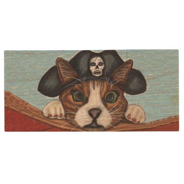 Pirate Cute Surprised Brown Striped Cat Wood Flash Drive (Front)