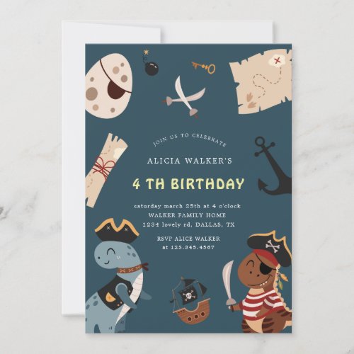 Pirate Dinosaur Party Animals Kids Birthday Invitation