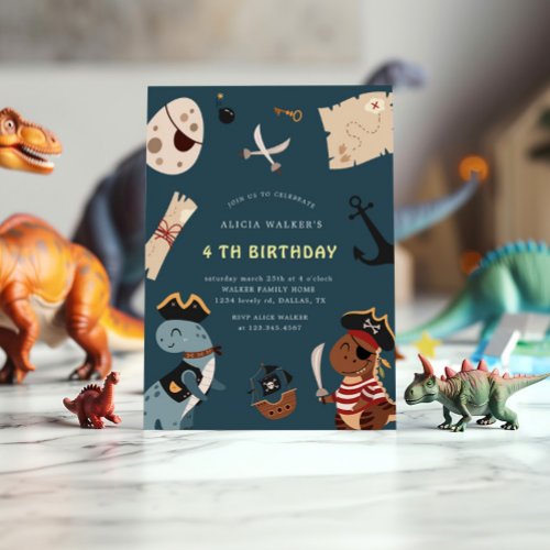 Pirate Dinosaur Party Animals Kids Birthday Invitation