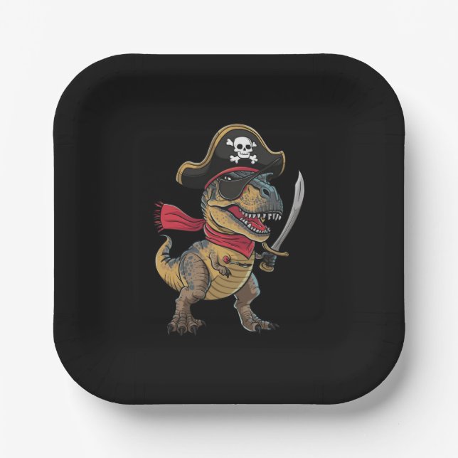 Pirate Dinosaur T-Rex Funny Halloween Costume Paper Plates (Front)