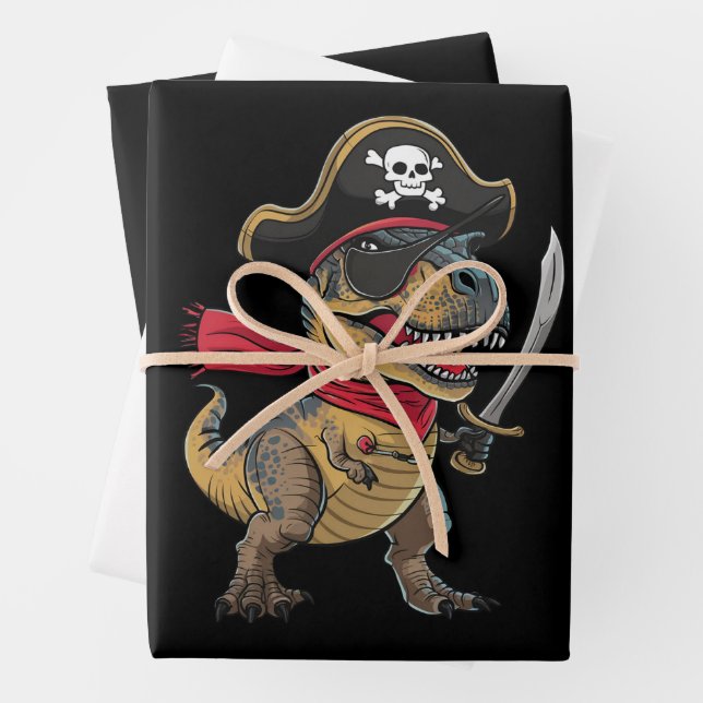 Pirate Dinosaur T-Rex Funny Halloween Costume Wrapping Paper Sheets (In situ)