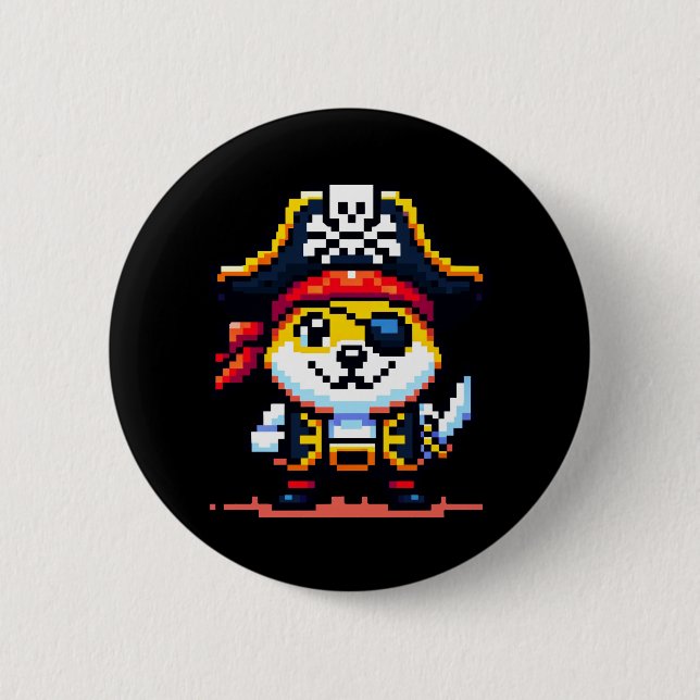 Pirate Dog - Funny Pixel Art Adventure Design Button (Front)