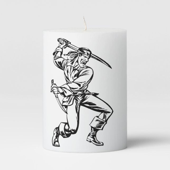 Pirate Double Sword Attacks Enemies Black White Pillar Candle (Front)