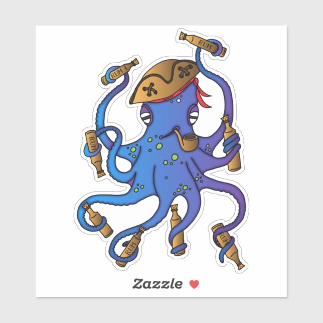Pirate Drunk Octopus and Rum Bottles Nautical Sticker (Sheet)