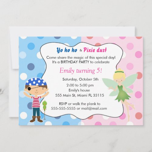 Pirate Fairy Birthday Invitation Pink Blue Pixie