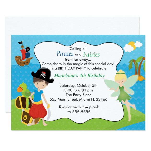 Pirate Fairy Pixie Kids Birthday Party Invitation