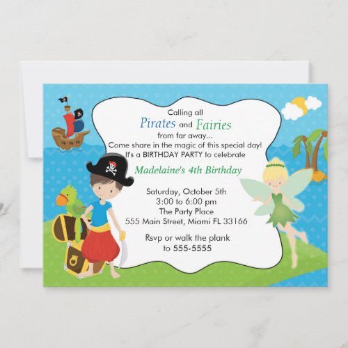 Pirate Fairy Pixie Kids Birthday Party Invitation