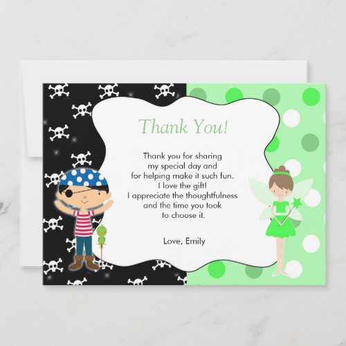 Pirate Fairy Thank You Card Kids Birthday Lime