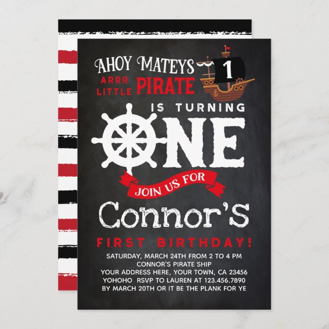 Pirate First Birthday Chalkboard Invitation (Front/Back)