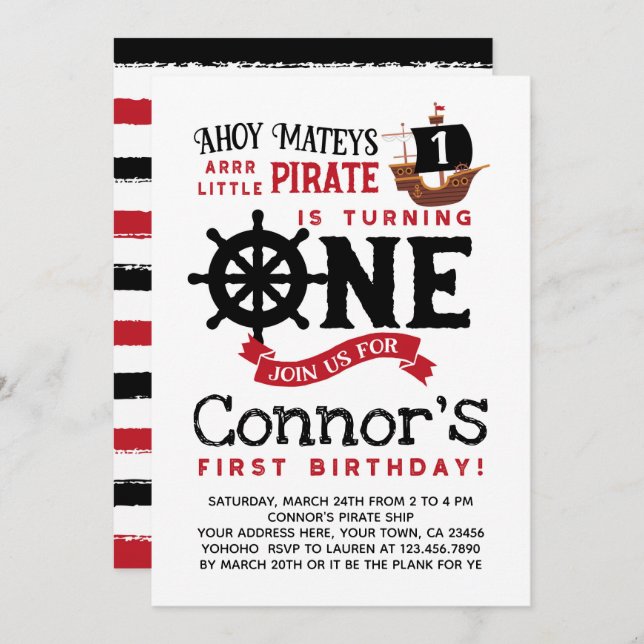 Pirate First Birthday Invitation (Front/Back)